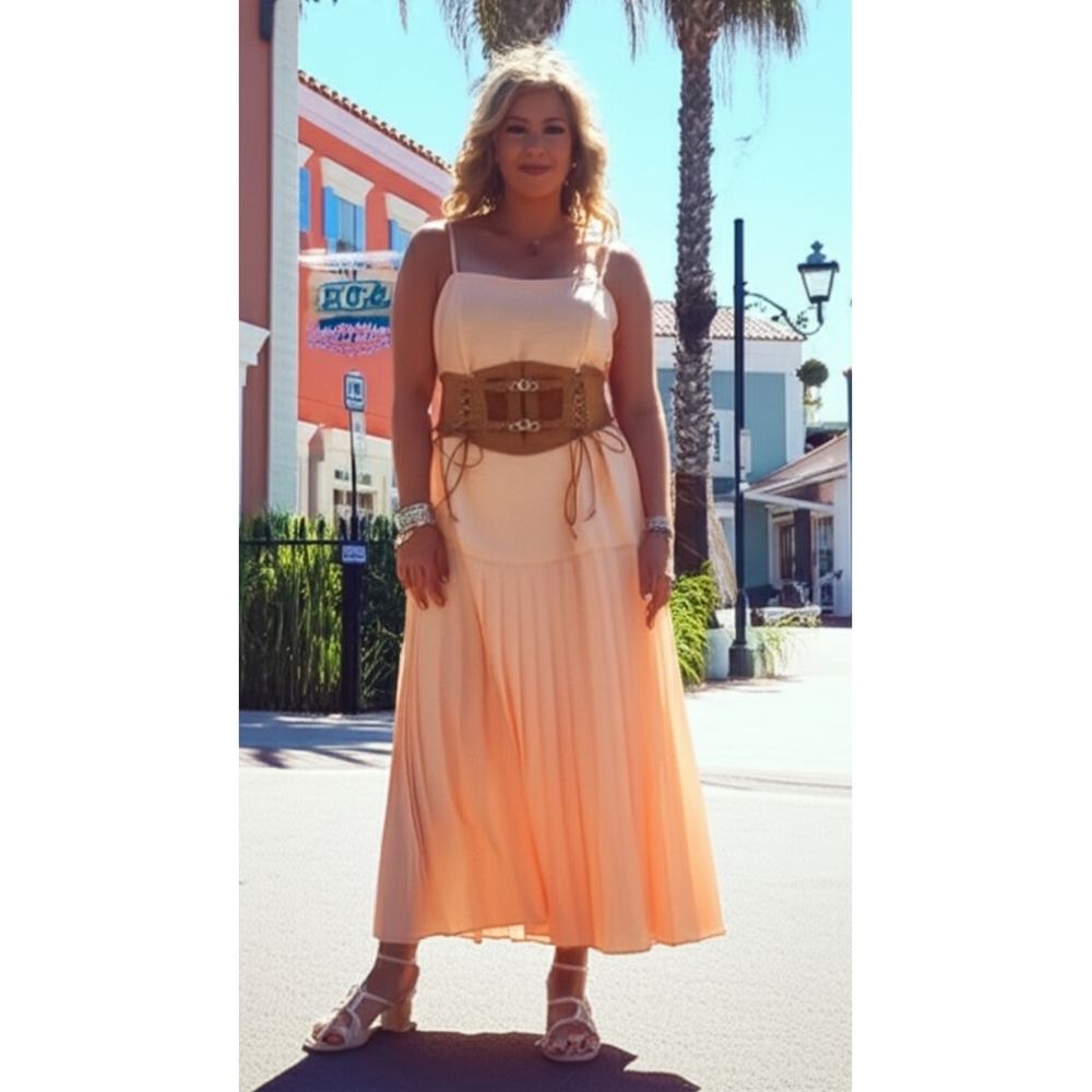 Vintage Maxi Drop-Waist Chic Peach Pleated Dress